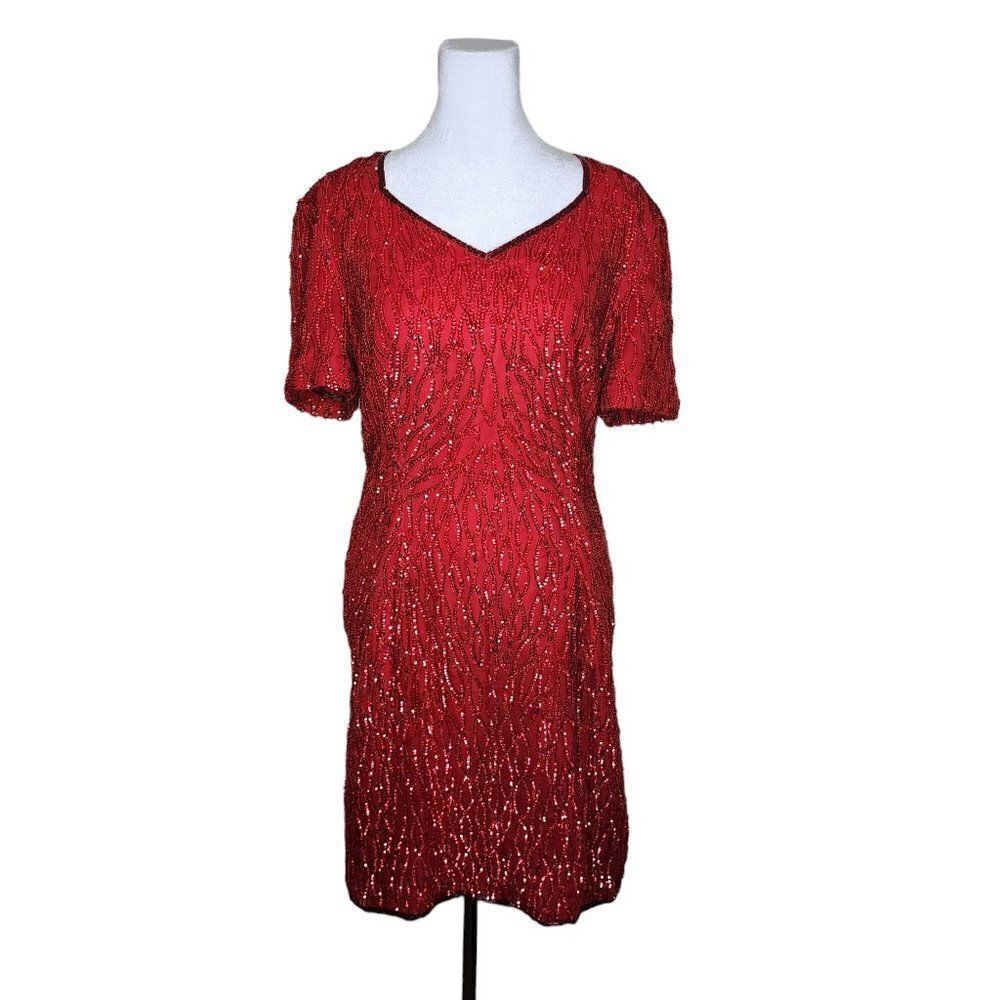 Vintage 80s Stenay Beaded Sequined Shift Dress Womens Size 12 Red